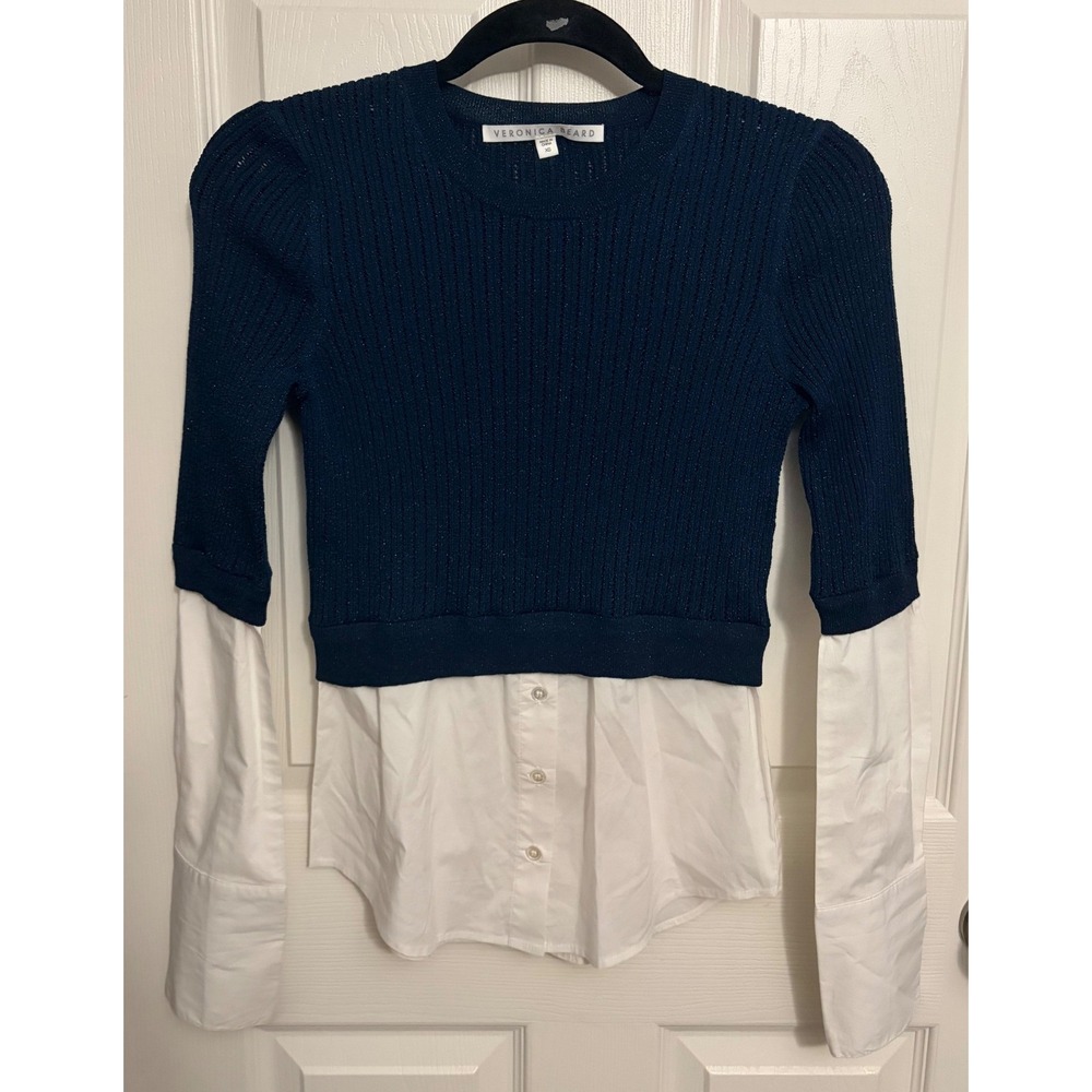 Veronica Beard | Kaley Mixed Media Sweater Navy Blue White Sz XS